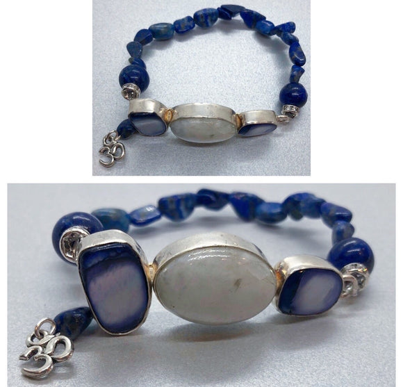 Moonstone & Shell Bracelet set in 925 Silver with Lapis Lazuli Beaded Bracelets