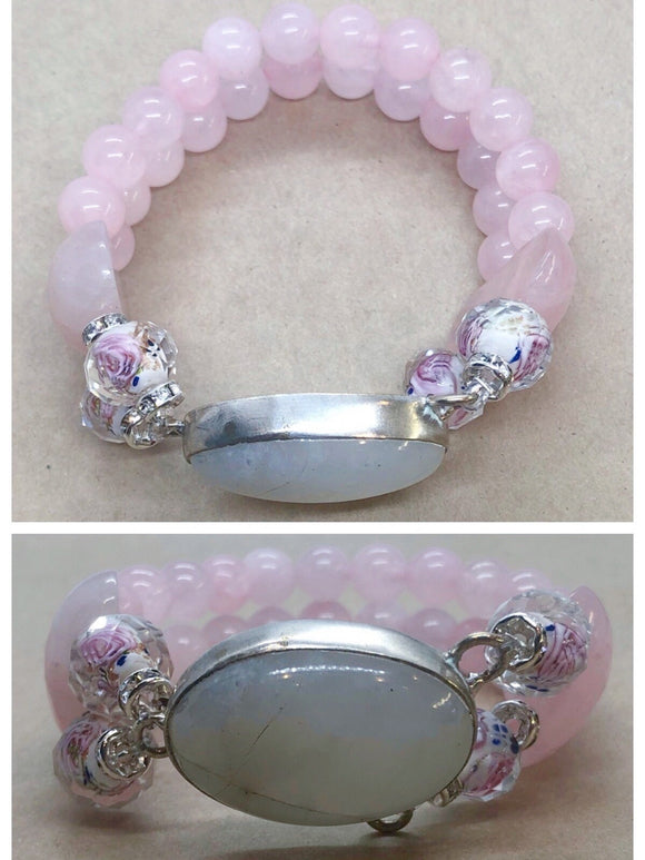 Moonstone Bracelet set in 925 with Rose Quartz Crystal Double Strand Beaded Bracelet