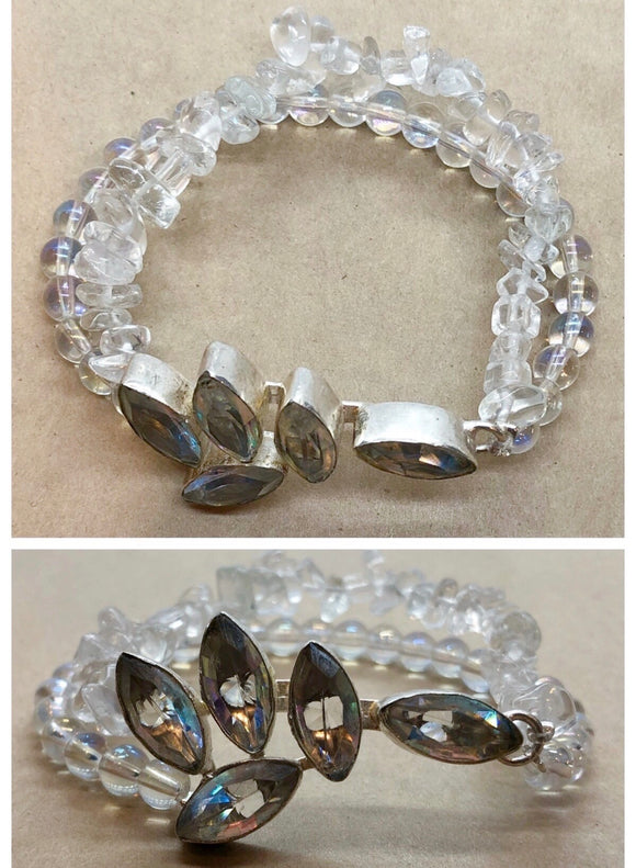 Clear Quartz Bracelet set in 925 Silver with Clear Quartz Double Stranded Beaded Bracelet