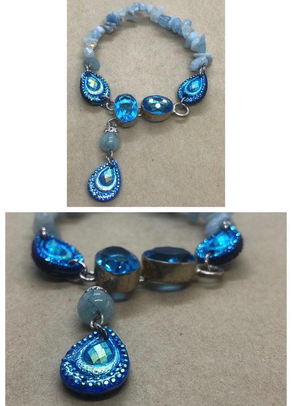 Blue Topaz set in 925 Silver With Aquamarine Crystal Beaded Bracelet
