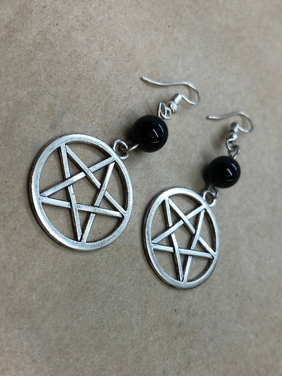Black Obsidian Crystal Pentagram Earrings