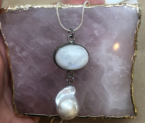 Moonstone Set in 925 Silver with Baroque Pearl