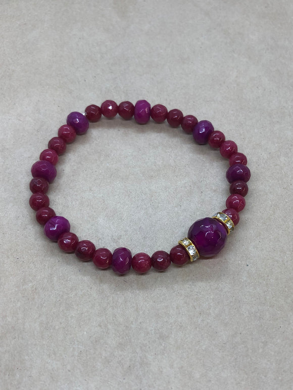 Faceted Ruby Crystal Beaded Bracelet with Pink Agate Diamanté Centrepiece