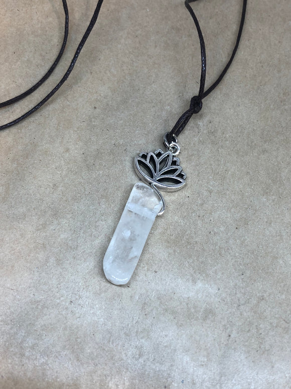 Clear Quartz Crystal Slab On Lotus Necklace