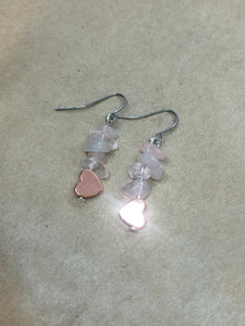 Rose Quartz Crystal Chips & Rose Gold Hematite Hearts Earrings
