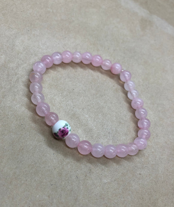 Rose Quartz Crystal Beaded Bracelet with Rose Feature