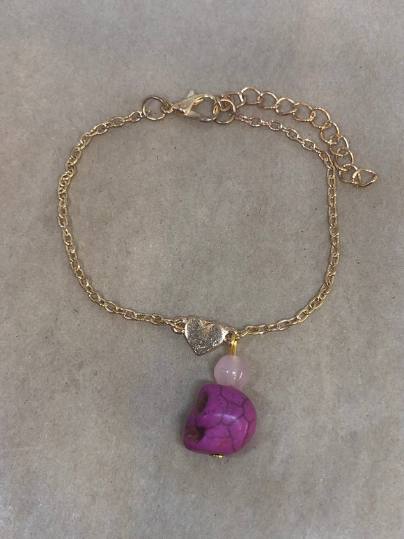 Pink Skull & Rose Quartz Crystal on Chain Bracelet