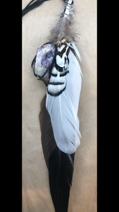 Suncatcher with Black, White and Brown Feathers & Raw Amethyst