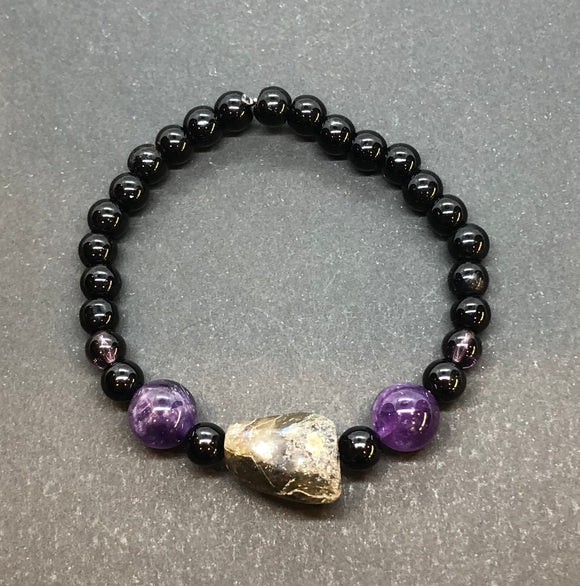 Amethyst, Labradorite and Black Obsidian Crystal Beaded Bracelet