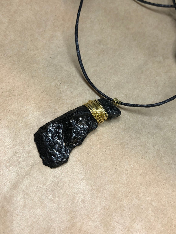 Raw Black Tourmaline Crystal Wired Pendant Necklace