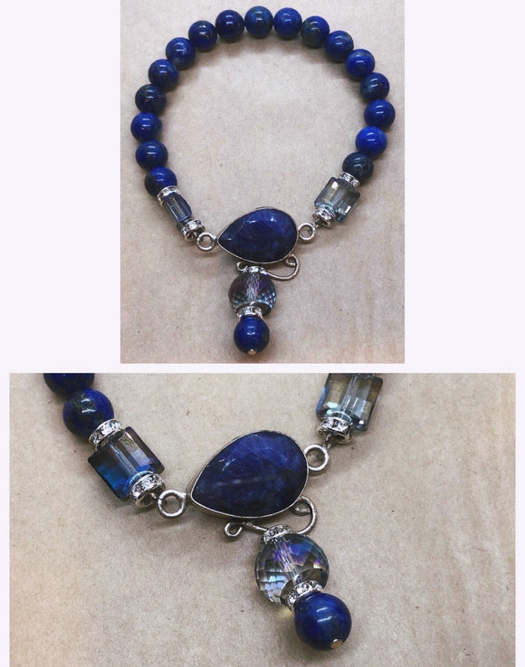 Blue Sapphire Bracelet set in 925 Silver with Lapis Lazuli Beaded Bracelet