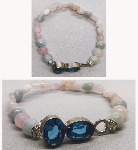 Blue Topaz Bracelet set in 925 Silver with Morganite Crystal Beaded Bracelet