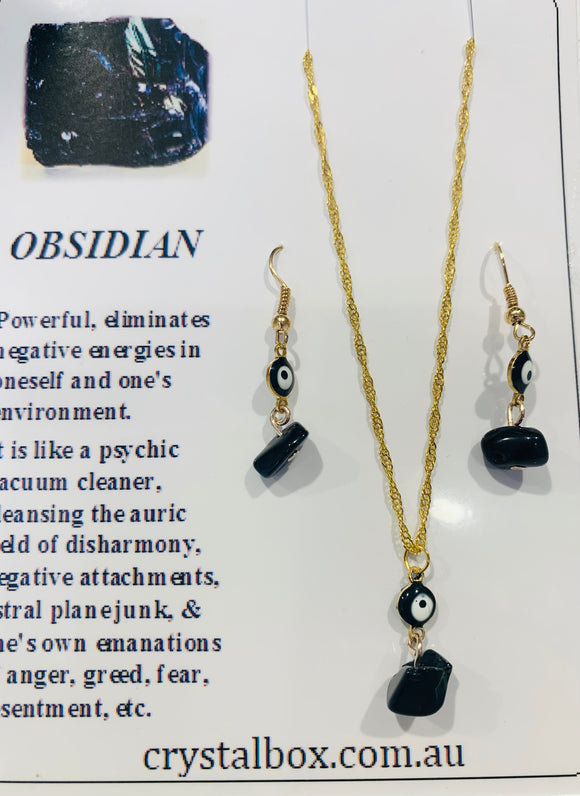 Obsidian Necklace & Earring Set with 🧿