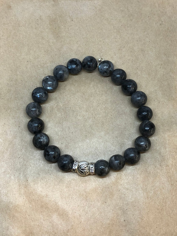 Black Moonstone Crystal Beaded Bracelet with Diamanté Lotus Centrepiece