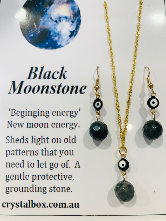 Black Moon Stone Necklace & Earrings set with 🧿