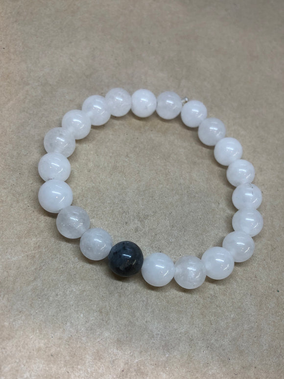 Rainbow Moonstone Crystal Beaded Bracelet with Black Moonstone (New Moon) Centrepiece