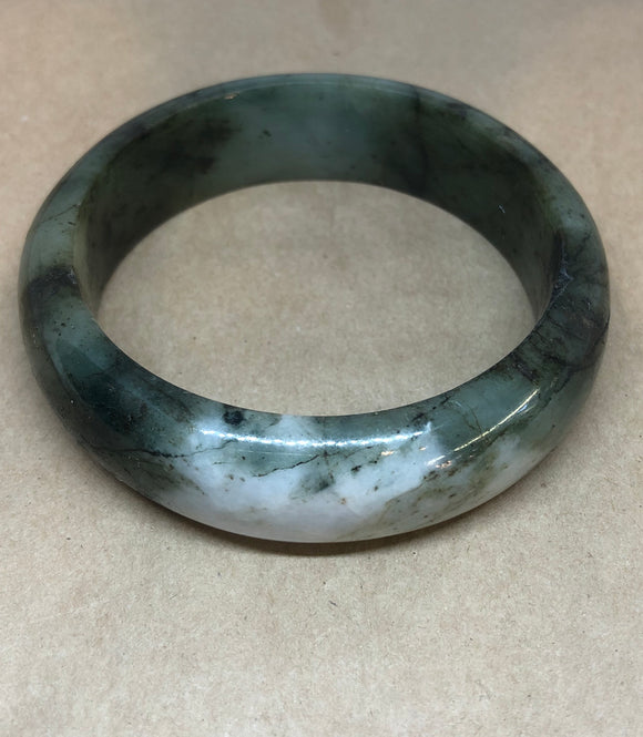 Unique One-Off Green Jade Crystal Bangle with White Jade Inclusion
